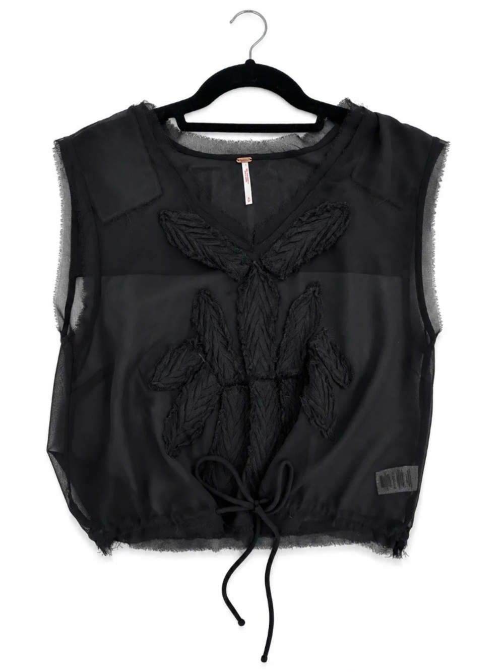 Free People Black Sheer Mesh Appliqué Drawstring Top – Small, Like New